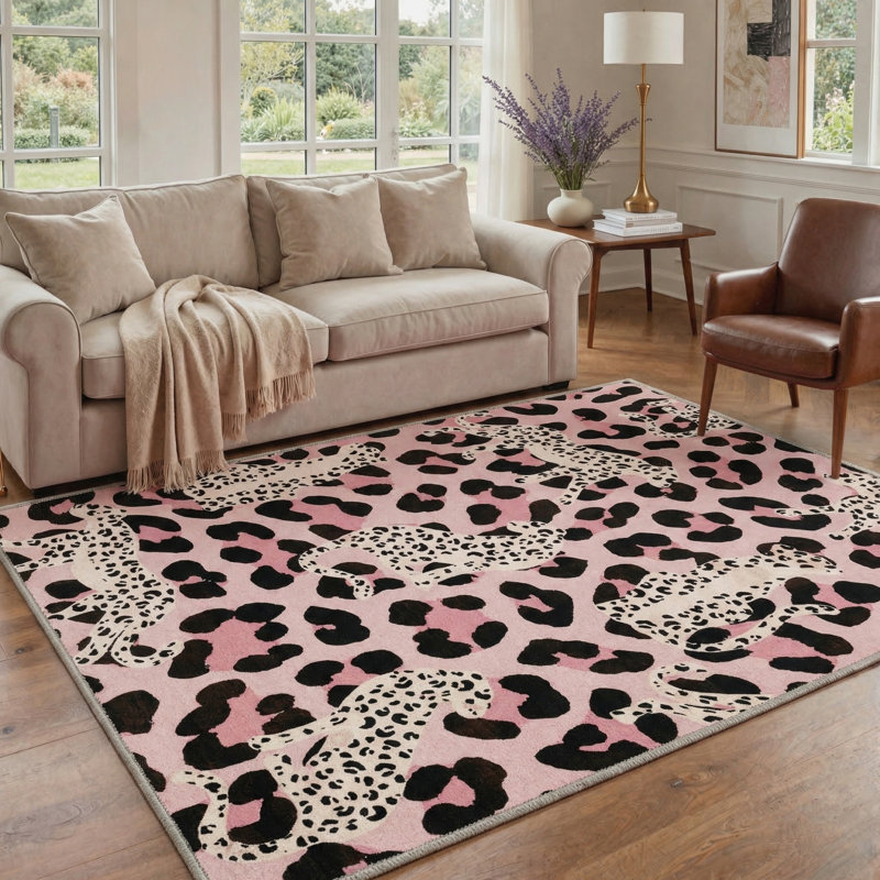 Aldovin Natura Inspired Machine Washable Leopard / Blush Pink Indoor Animal Print Area Rug With Non-Slip Backing