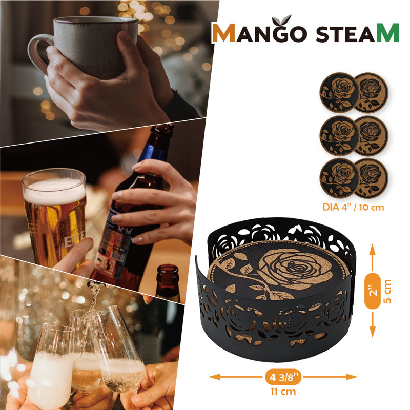 Black Rose Cork Round Coaster Set with Metal Holder