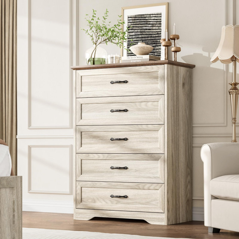 5 Drawer Dresser for Bedroom, Farmhouse Modern Wooden Tall Chest of Drawers with Wide Metal Handle, Gray