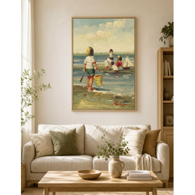 Kids Beach Frameless Canvas Print, Textured Impasto Girl with Bucket Watching Beach Playmates Vertical Canvas Wall Art, Sunny Yellow and Red Accent Palette Kids Room Decor