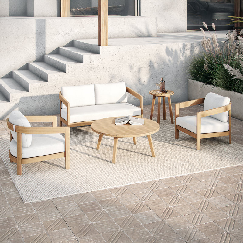 Ensemble d'extérieur 5 pièces en bois d'acacia massif avec causeuse Pablo, 2 chaises, table basse et table de bout, naturel / blanc