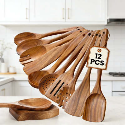 12-Piece Natural Teak Wooden Utensil Set For Cooking, Nonstick Safe Wooden Spoons With Comfort Grip, Heat Resistant Kitchen Tools