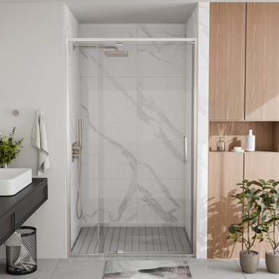 Porte de douche pivotante à demi-cadre de 38 à 42 po x H 71 po avec verre trempé de 6 mm, finition noir mat et finition nickel brossé