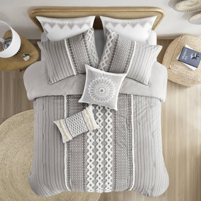 Ensemble d'édredon en coton gris avec chenille touffetée - grand