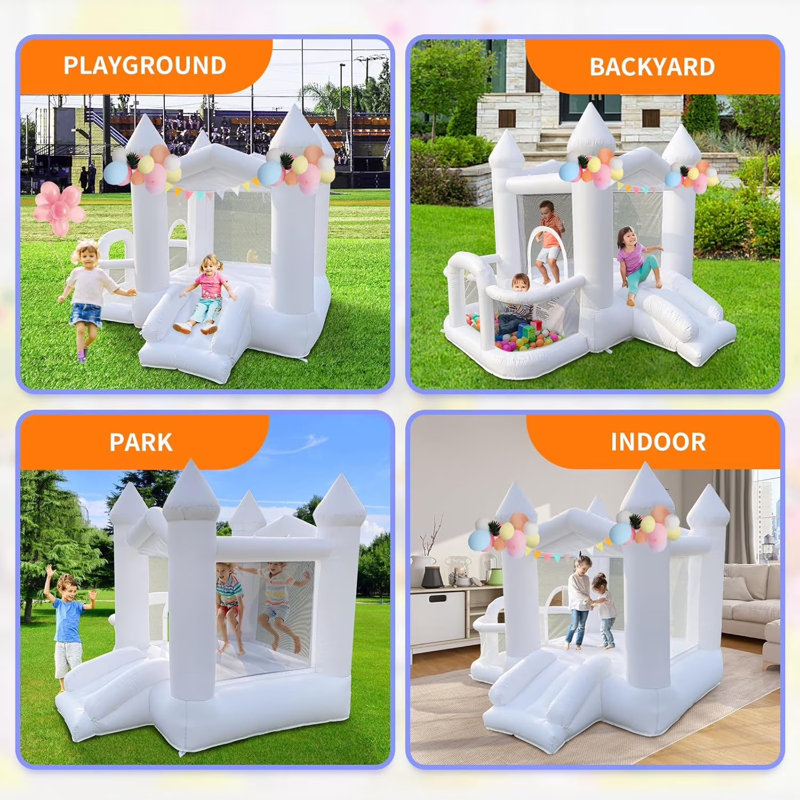 Jeu gonflable blanc 9pi avec glissade, château gonflable pour enfants