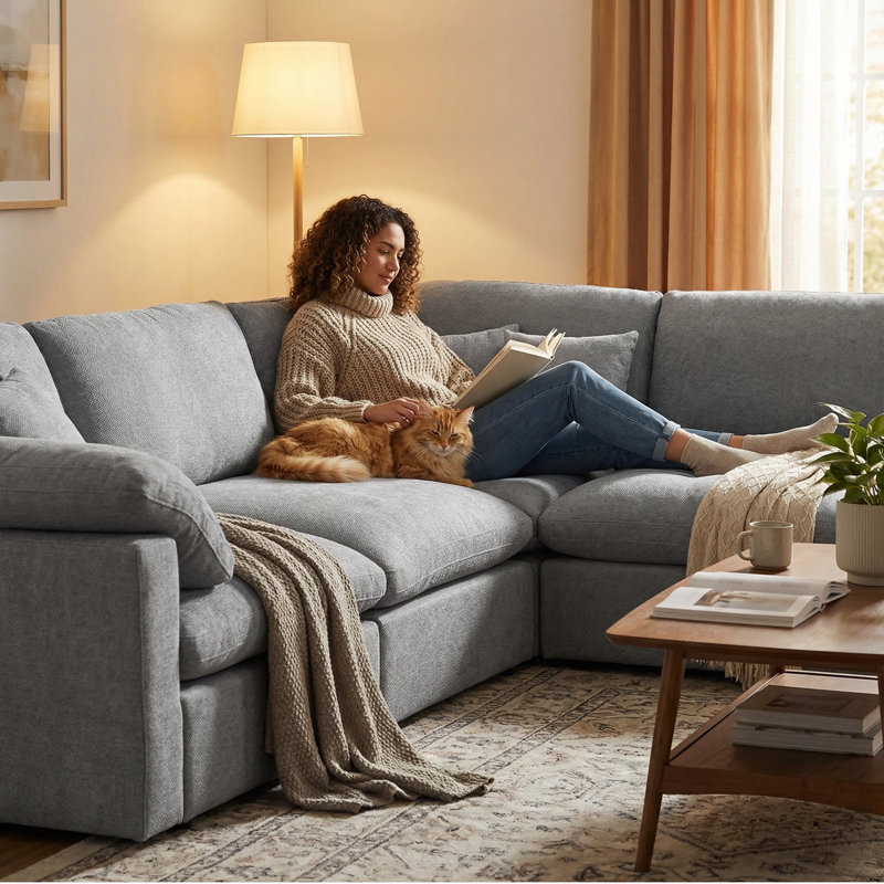 6-Piece 110" L-Shaped Sectional Sofa with Ottoman, Light Gray Chenille