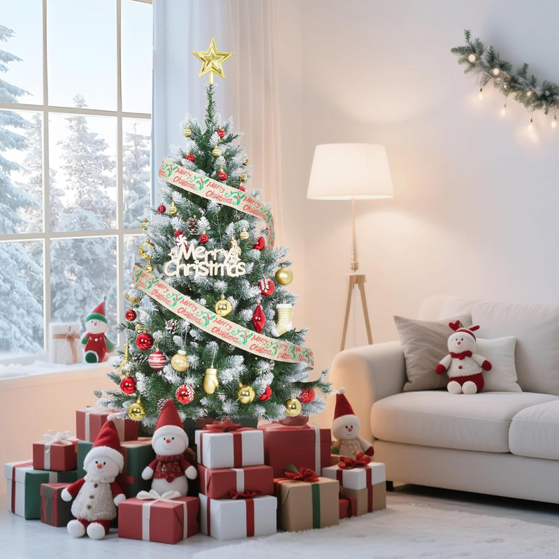 Arbre de Noël 6 pi, arbre de Noël artificiel givré avec 150 lumières DEL blanc chaud, pommes de pin et 352 branches, décoration de Noël pour la fête de bureau à domicile