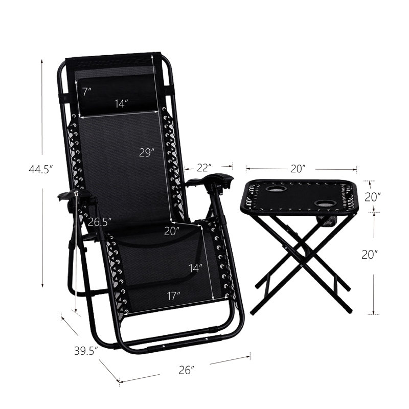 Ensemble de 3 chaises longues d'extérieur inclinables et pliantes portatives, Noir