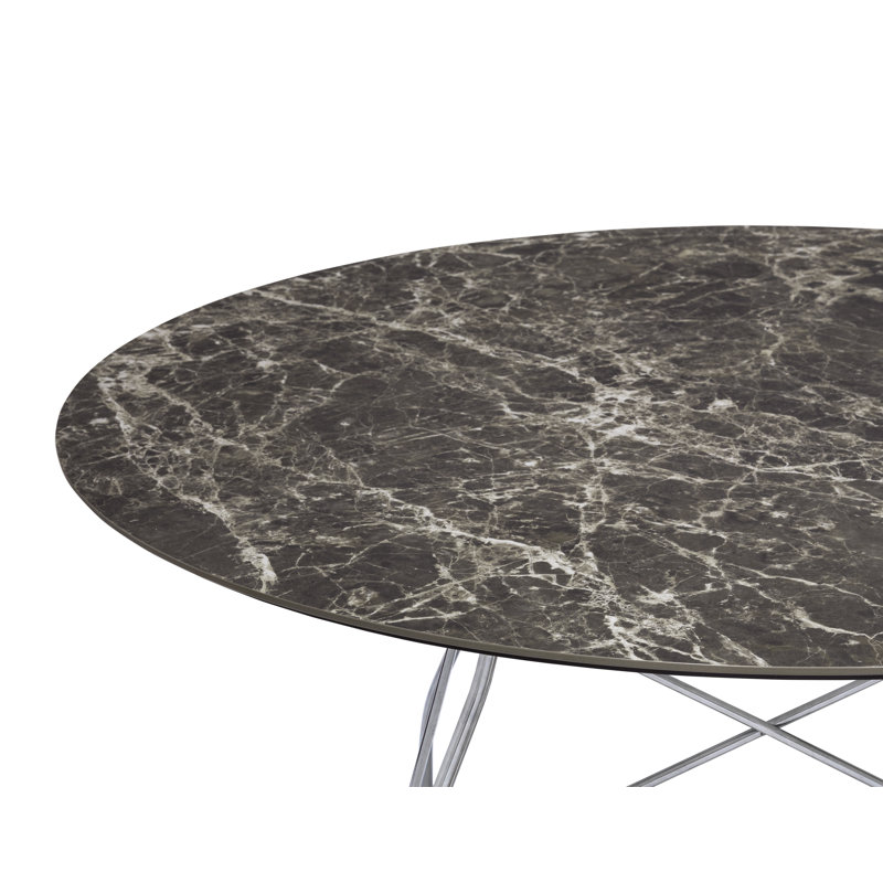 Glossy Round Dining Table, 50.39" W x 50.39" L, Chrome, Symphonie Marble