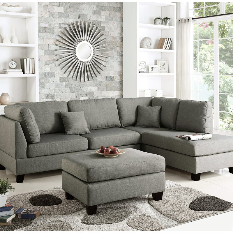Canapé modulaire réversible en polyfibre avec revêtement gris pour un espace de vie contemporain, siège en forme de L à 3 places, avec coussins décoratifs, chambre classique en pin massif et sièges, avec structure en mousse décorative