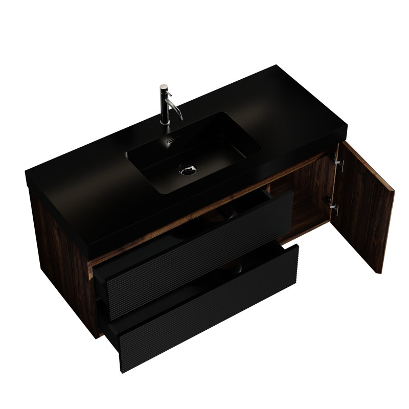 Meuble-lavabo moderne de 48 po de couleur noyer, lavabo noir mat, 1 porte, 2 tiroirs, panneau E1, laque à base d'eau E0, lavabo à comptoir à rebord profond de 4,7 po, installation facile et noir, mur