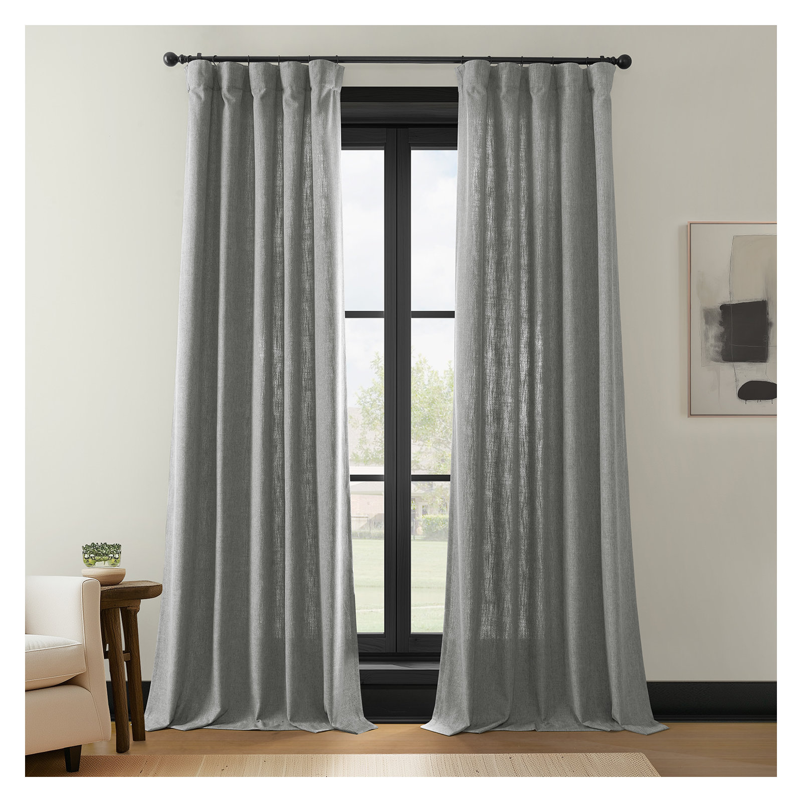 Farmbry Simply Faux Linen Curtains Pair - 2 Panels - Light Filtering Window Curtains, Gray, 50" W x 120" L