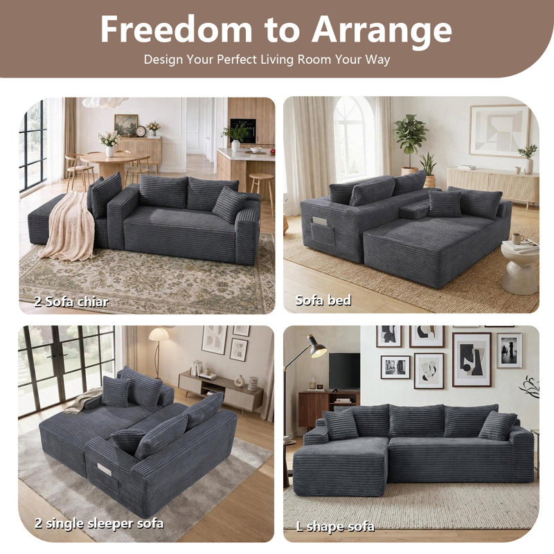 Canapé d'angle en L sans ossature et à compression de 270 cm (106,5 po), avec méridienne à droite, noir, Velours côtelé noir