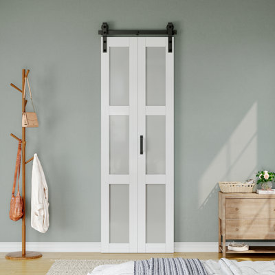 84"H 3-Lite  Manufactured Wood and Glass Paneled Bifold Barn Door with Installation Hardware