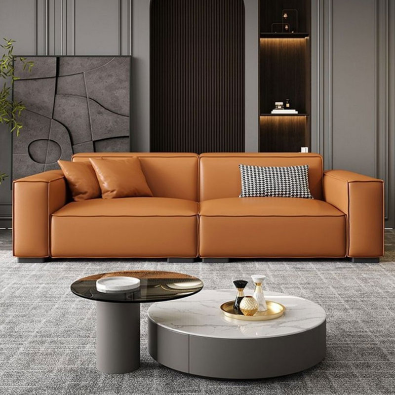 Canapé modulaire orange en cuir véritable, H 28,35 po x l 102,36 po x P 37,4 po, 3
