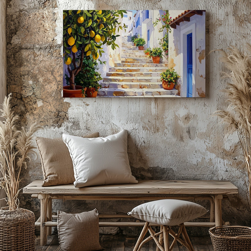 Art mural sur toile, allée méditerranéenne ensoleillée Canvascharming Village, escalier et citronniers, H 9 po x l 12 po