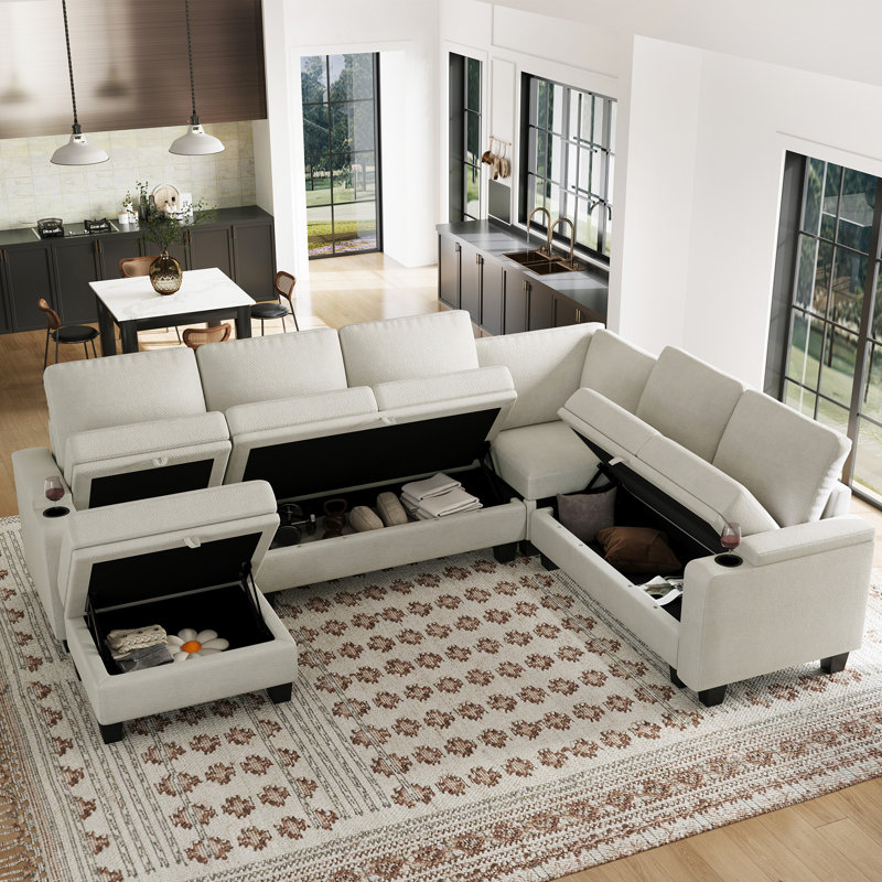 Januelle Chenille 103.8'' L-Shaped Storage Sofa Livingroom Sectional Modular Couch With Ottoman, Beige Chenille