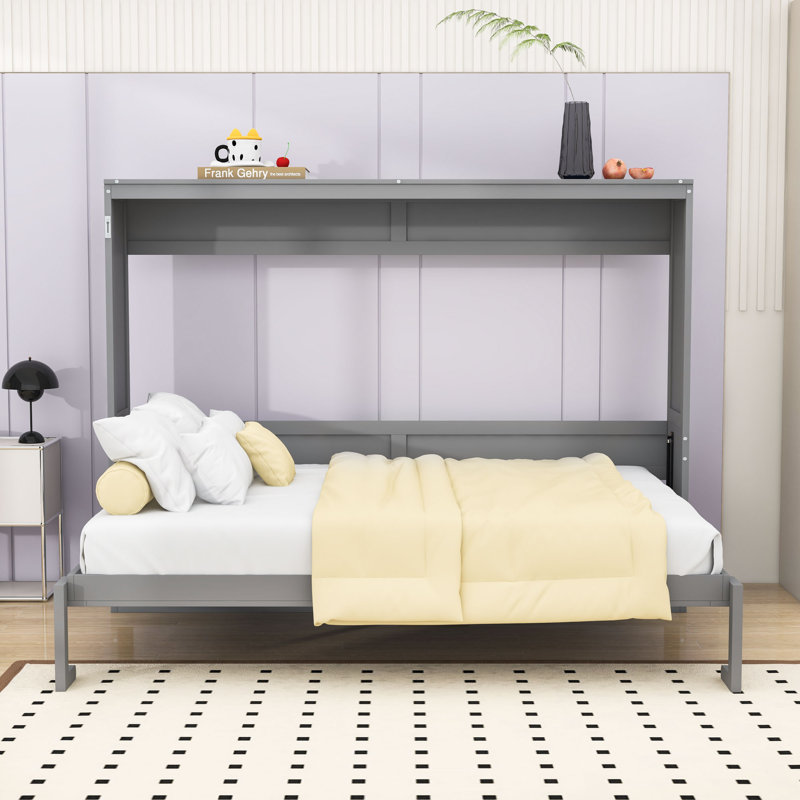 Lit escamotable en bois avec mécanisme de pliage à double piston, Gris, Double
