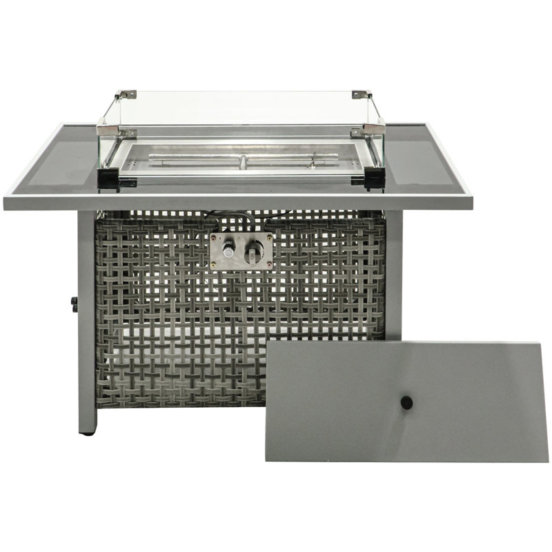 Table de foyer d'extérieur au propane de 43 pouces, 60000, tissage ouvert de couleur grise, avec décoration en pierre de verre bleue et pare-vent trempé pour les loisirs de plein air, couvercle amovible au gaz gris de 43 po, garde, 20 lb