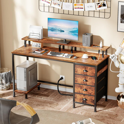 47 Inch Rustic Brown Computer Desk: Gaming Desk With 4 Fabric Drawers, Monitor Stand, Power Outlets & LED Lights For Small Space Bedroom/Home Office