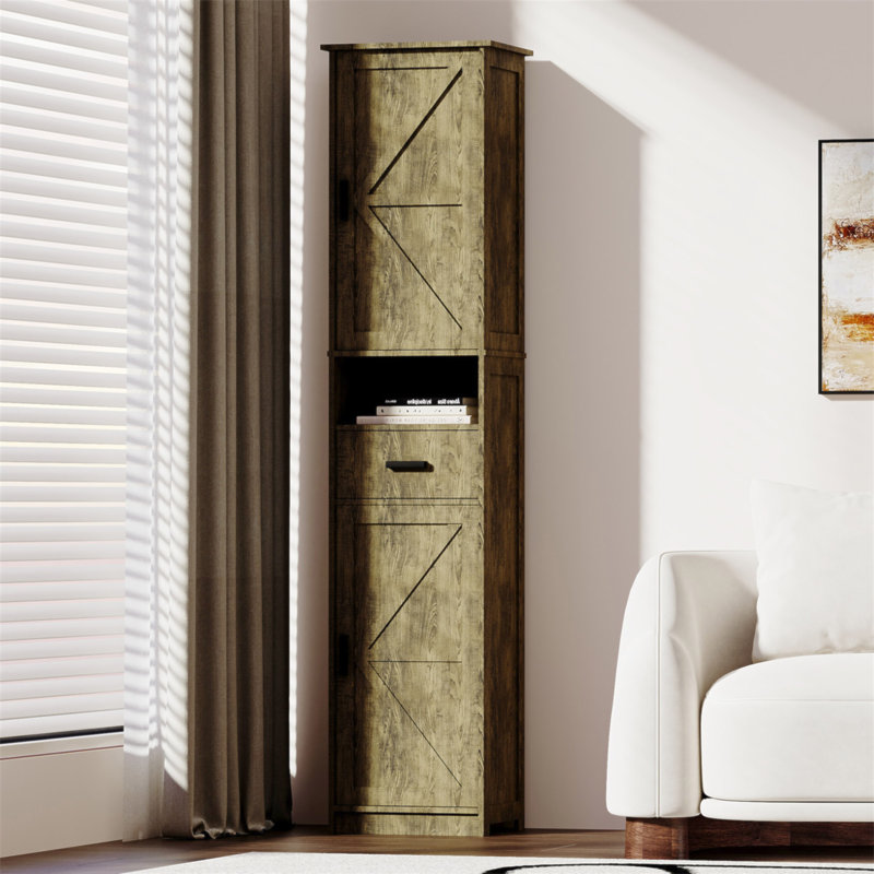 69" H Tall Bathroom Storage Cabinet With 2 Barn Doors And 1 Drawer, Narrow Storage Unit, Adjustable Shelves,Floor Cabinet For Bathroom, Living Room, Entryway,Kitchen