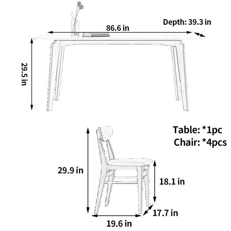 Modern generous rectangular dining table and chair, 29.5"H x 86.6"L x 39.3"W