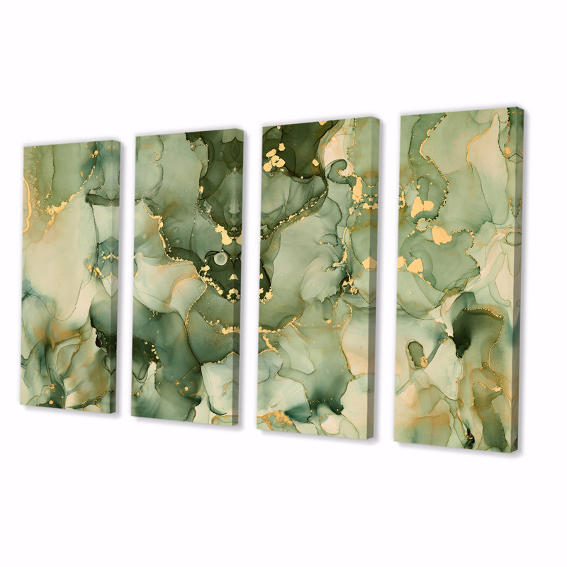 «Green Luxury Abstract Fluid Art I», impression sur toile tendue 4 pièces