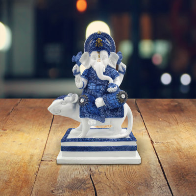 8"H Blue Ganesh Seated on Mushak Figurine