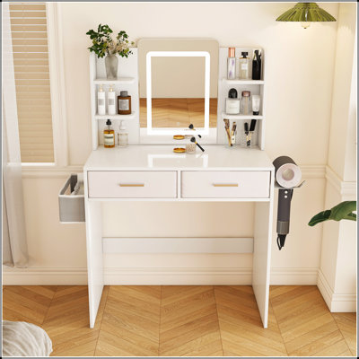 LED Mirror Vanity Dressing Table With 3-Color Adjustable Lights, 2 Large Drawers, Hair Dryer Stand & Non-Woven Storage Bag For Makeup And Bedroom Use
