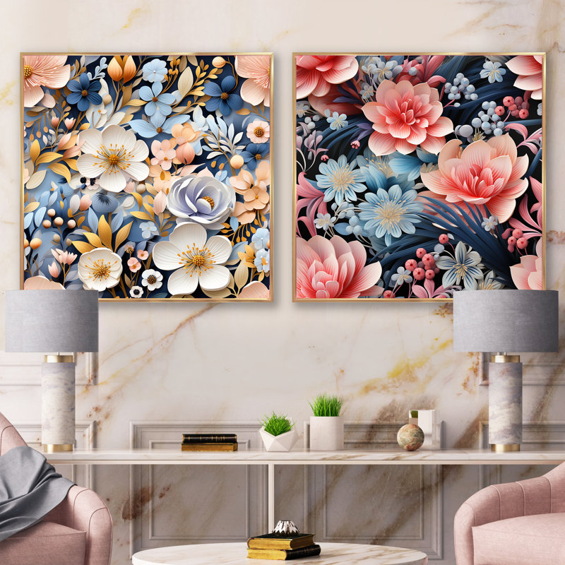 Berene - Ensemble de 2 collages carrés floraux, Cadre flottant doré, H 30 po x l 61 po