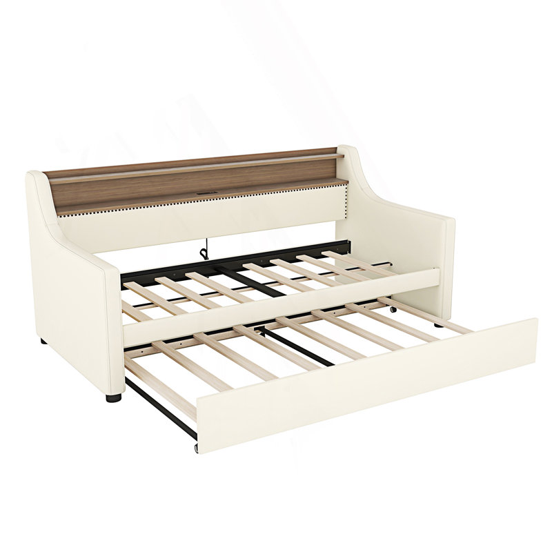 Modern Twin Size Daybed With Trundle Bed, Upholstered Daybed With Charging Station And Led Lights, White