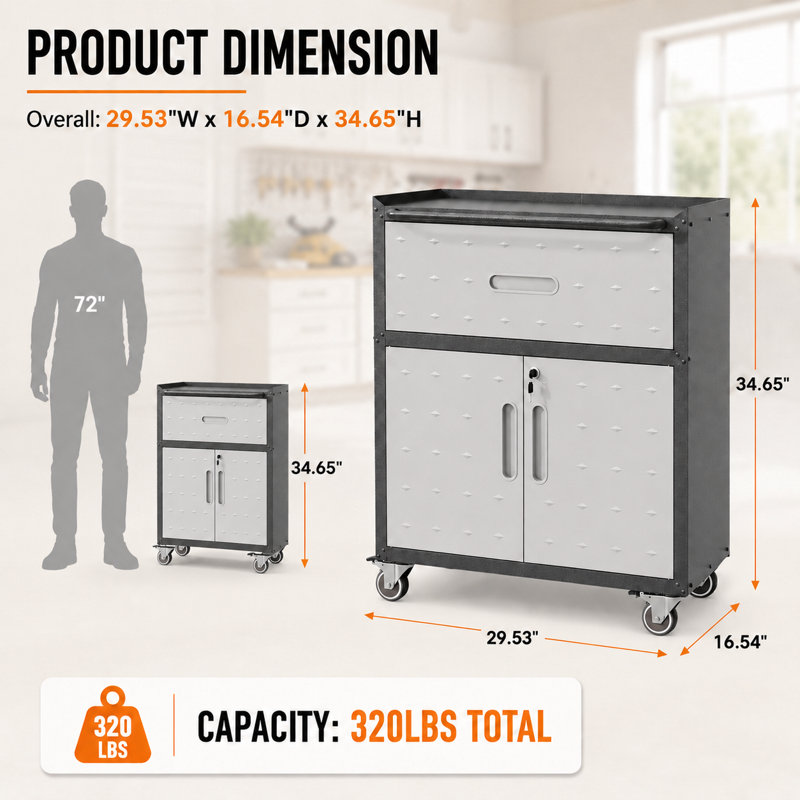 34.65" Heavy-Duty Rolling Metal Storage Cabinet with Drawer & Locking Doors, 320 lb Mobile Security Cabinet with Adjustable Shelf, Raised Top Fence & Lockable Casters for Garage, Workshop & Office, Black/Gray