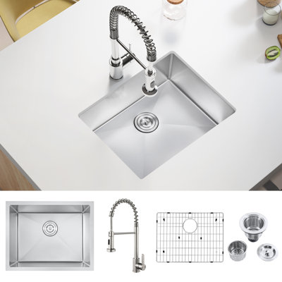 ATTOP 23 Inch Stainless Steel Single Bowl Undermount Kitchen Sink with Faucet and Bottom Grid