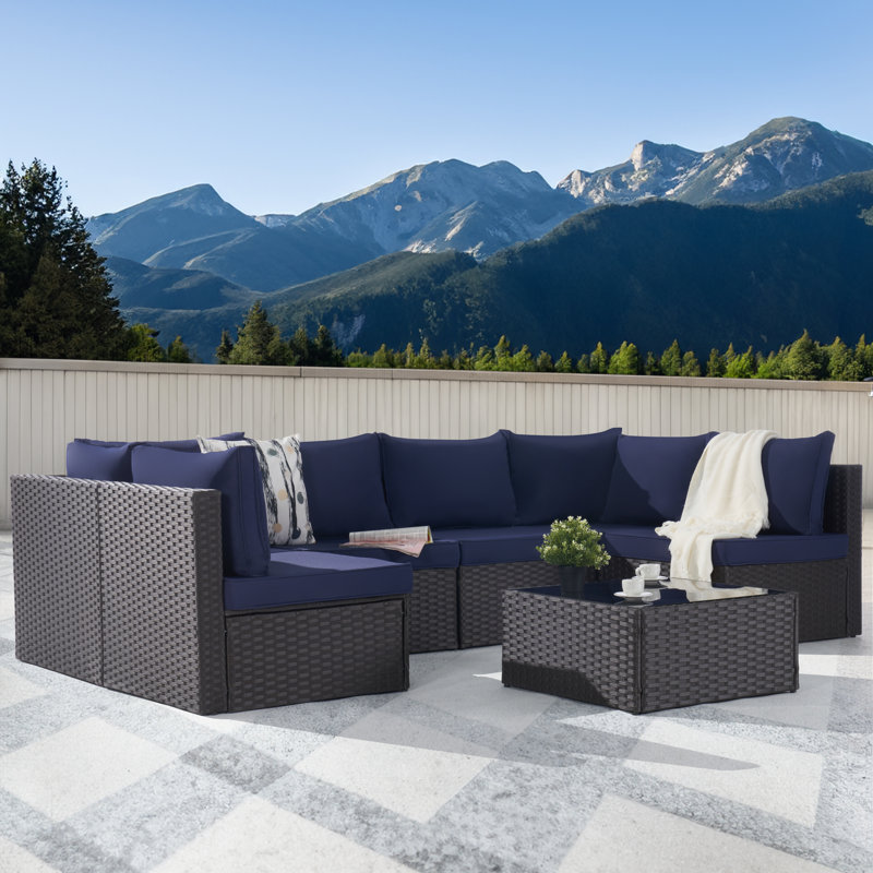 Wicker 6 - Person Patio Conversation Set with Cushions, Brown, Navy Blue