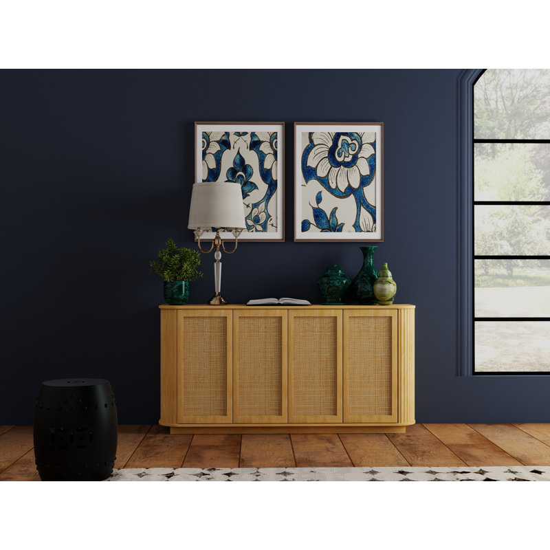 64-Inch Wave Shaped Sideboard With Rattan Doors, 31.5" H x 64" W x 15" D