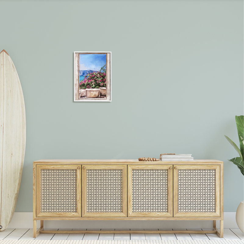Scène de jardin à travers une fenêtre vue de bord de mer par Ziwei Li - peinture sur bois encadrée