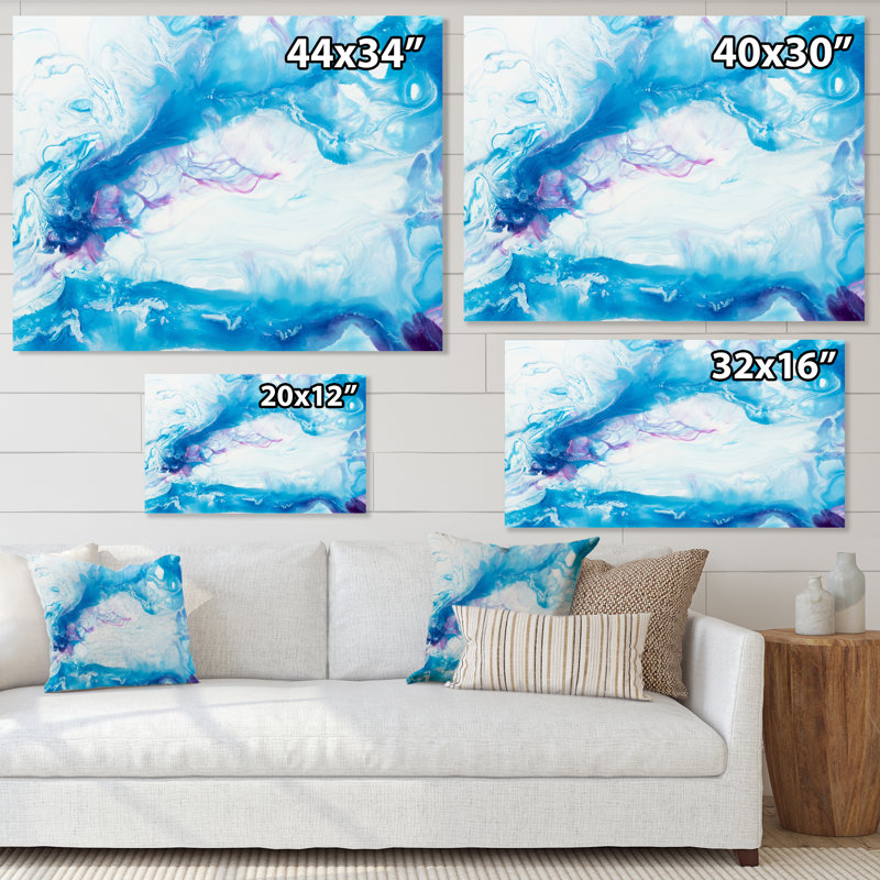 Abstrait blanc et bleu liquide - peinture sur toile, H 16 po x l 32 po, Toile tendue