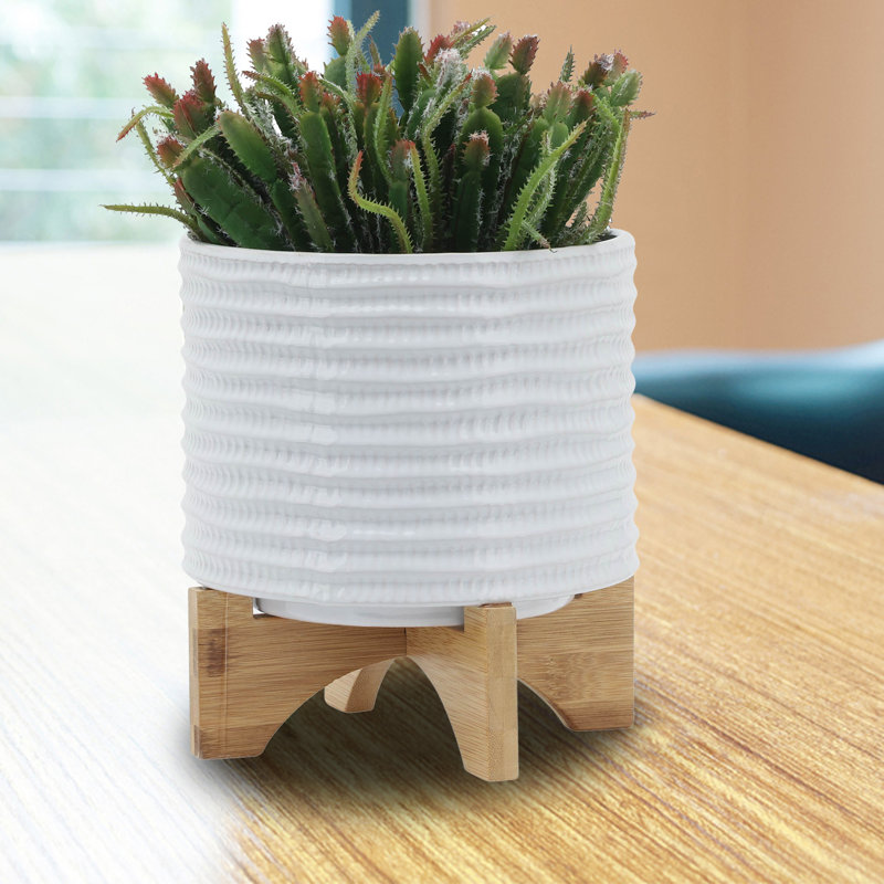 Darci Stoneware Ceramic Planter with Stand - Textured Decorative Plant Pot with Bamboo Base - Modern Indoor/Outdoor Raised Planter