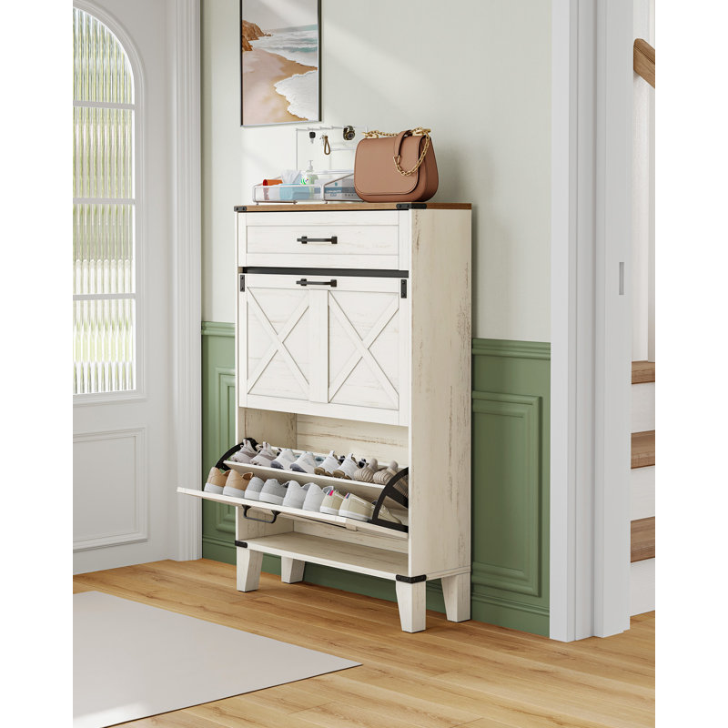 Wooden Shoe Cabinet with 2 Flip Drawers & 1 Large Drawer, Shoe Storage Cabinet, Adjustable Divider, 16 Pairs, Shoes Cupboards for Hallway, Wardrobe, 24 x 76 x 117 cm, Brown and White 