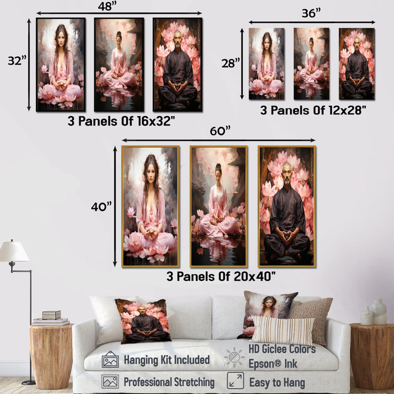 Yoga Lotus Asana - Yoga Wall Art Living Room Set Of 3, Black Floater Framed, 28" H x 36" W