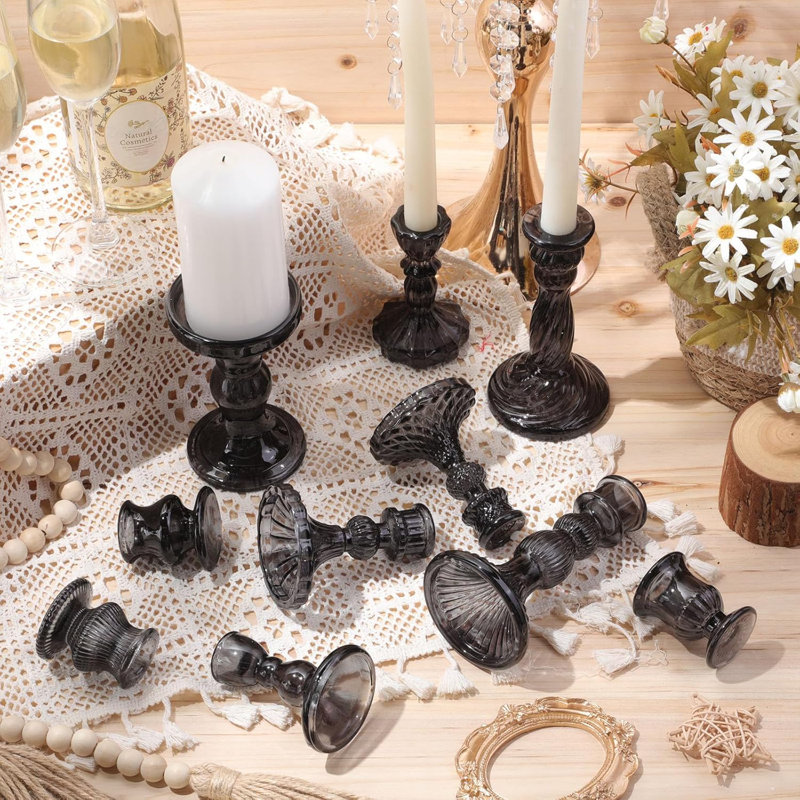 10 Pcs Black Glass Crystal Taper Candle Holders