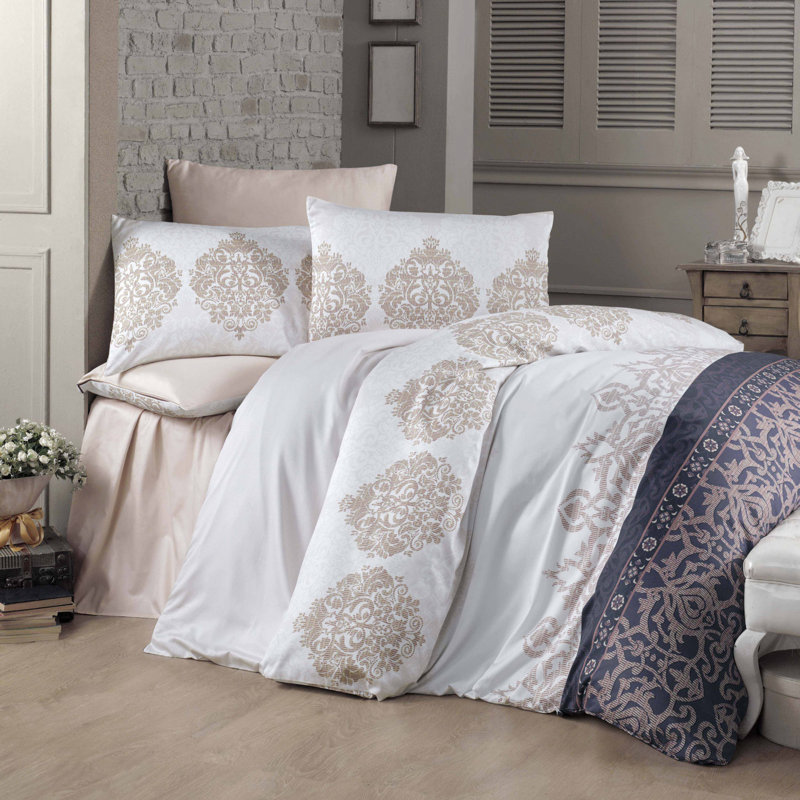 Ensemble de housse de couette 100% coton blanc / beige Gambrills, Housse de couette double TG + 2 taies d'oreiller 3