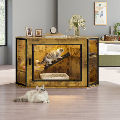 48" Corner Cat Litter Box Enclosure, Modern Hidden Litter Box Corner Cabinet With Acrylic Door And LED Light