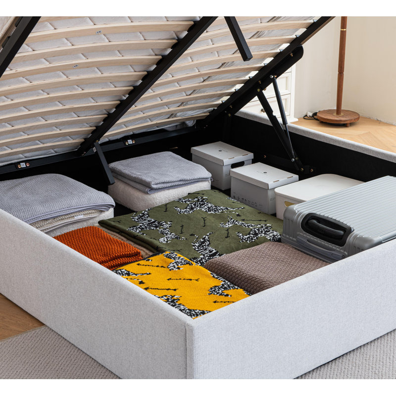 Braud Upholstered Hydraulic Lift Up Storage Bed Without Headboard, Off White, Queen
