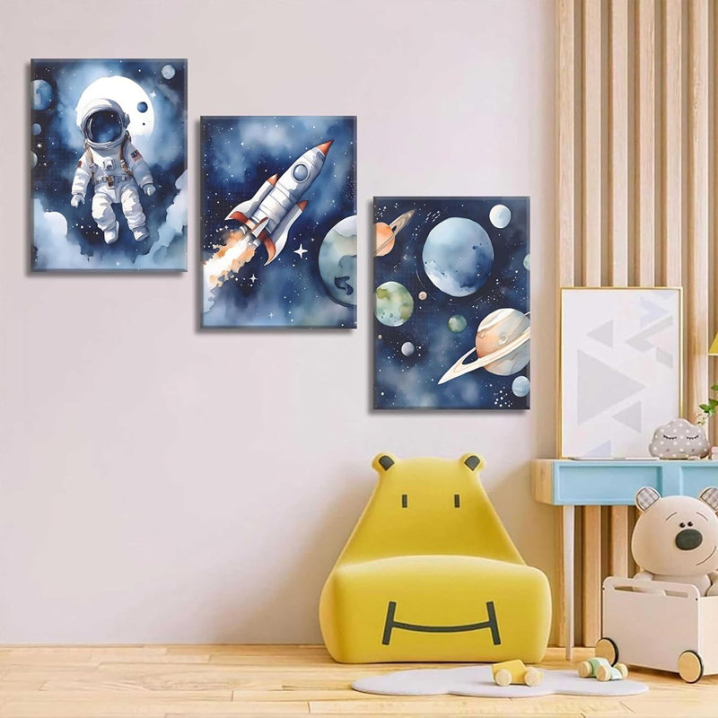 3Pcs Nursery Astronaut Wall Art Kids Space Planets Theme Canvas Painting Rocket Spaceman Wall Decor Explore Dream Galaxy Poster Prints Funny Outer Space Picture for child Bedroom Living Framed
