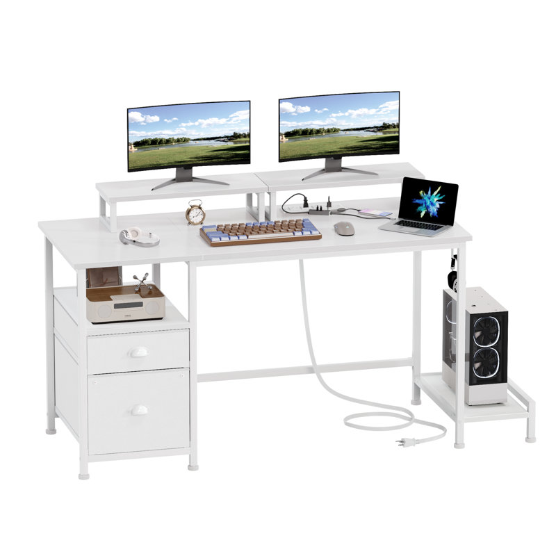  Computer Desk 47 in. with Power Outlets Gaming Desk with Drawer, 2 Monitor Stands, White/Rustic Brown, White, White