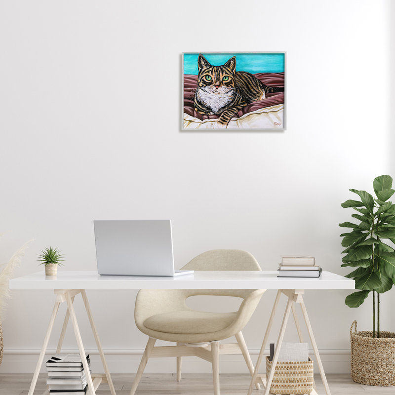 Adorable Tabby Cat Green Eyes Cuddling Blanket Painting by Carolee Vitaletti - Painting, 20" W x 16" H