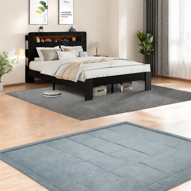 Lits pour grand lit peu encombrants, structure en métal et en bois avec tête de lit à DEL