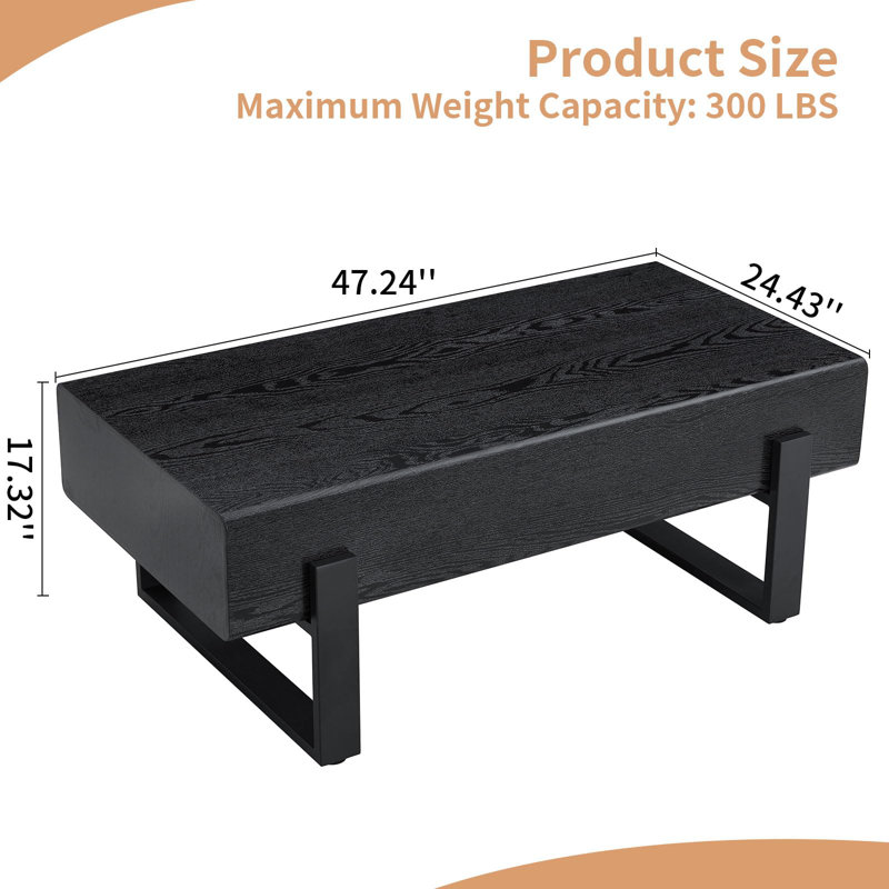 47.24" Rectangle Coffee Table with Marble Pattern Desktop & Metal Legs for Living Room, Dining Room, or Small Space - Black