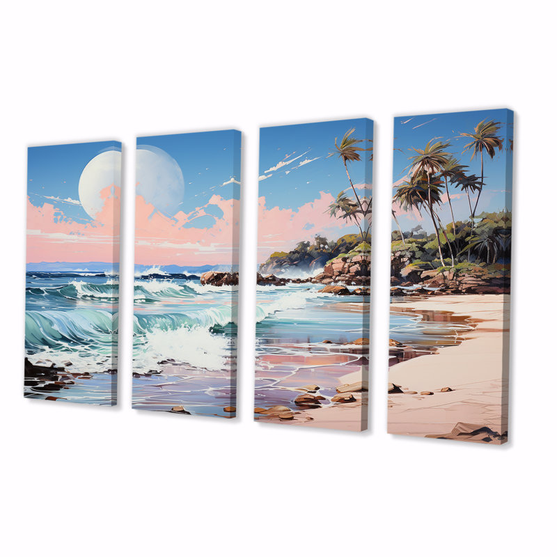 «Green Tropical Beach Escape II - Coastal Tropical», art mural 4 pièces pour le salon, H 32 po x l 64 po